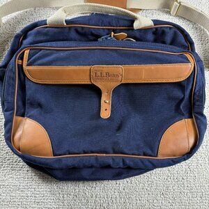 Vintage L.L. Bean Deluxe Duffel Bag Leather Trim Blue Brown